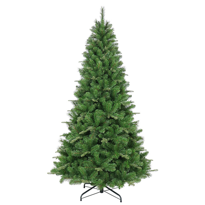A 7-foot Pinehurst Spruce Christmas tree with green foliage and a metal stand.