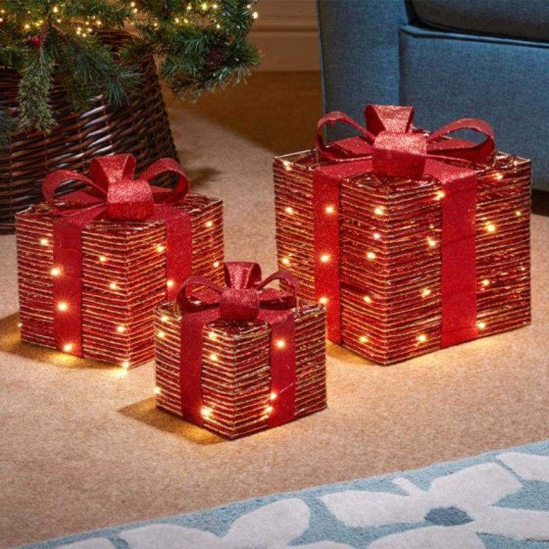 Red & Gold Braid Faux Gift Boxes - Set of 3