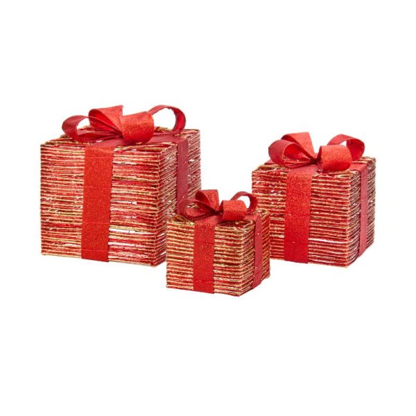 Red & Gold Braid Faux Gift Boxes - Set of 3