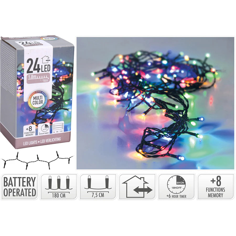 24 Battery Lights With Timer Multicolour