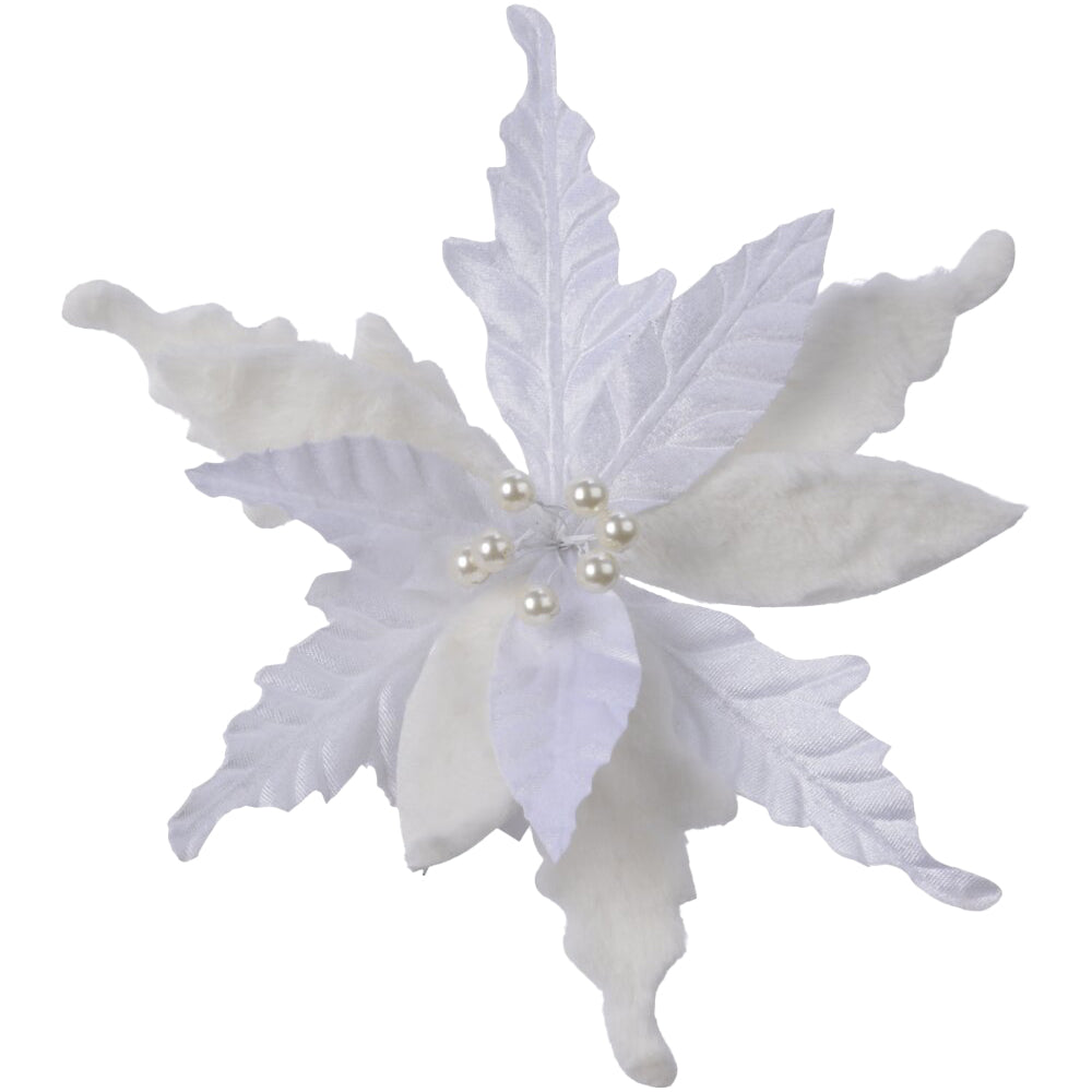 Clip-On Poinsettia Polyester Flower Decoration - Winter White