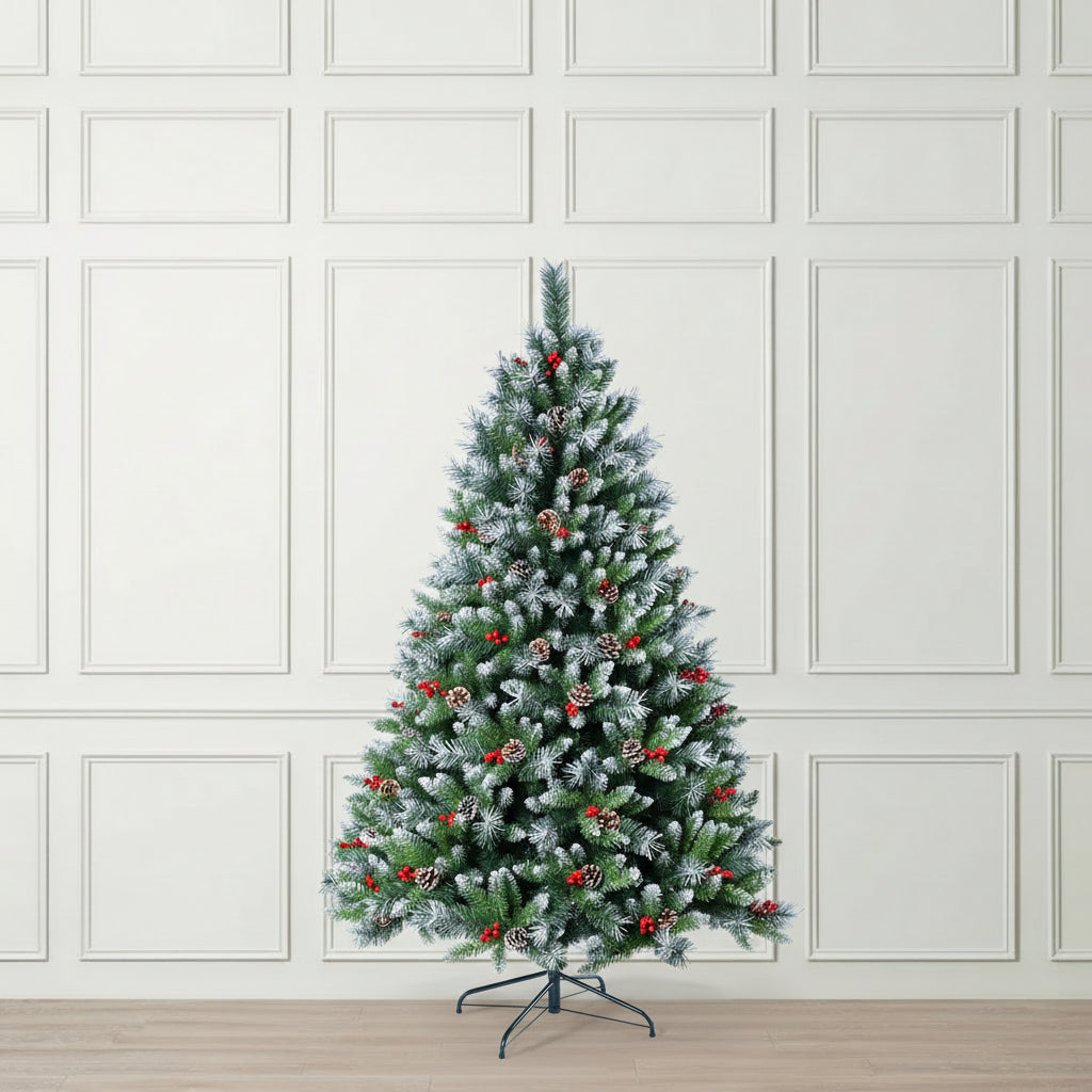 Decorated Christmas tree with green needles, red berries, and pinecones 