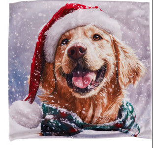 Cushion cover packaging with a dog wearing a Santa hat in a snowy scene.