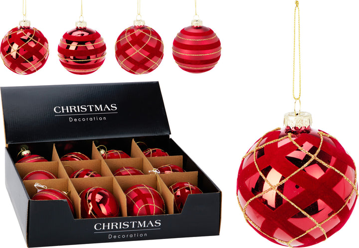 8cm Glass Bauble With Gold Line & Red Velvet