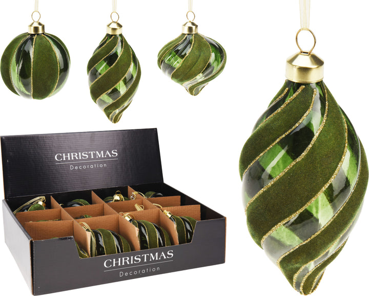 8cm Glass Bauble Green W/ Velvet