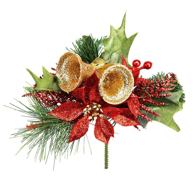 16cm Poinsettia And Bells Pick Red & Gold