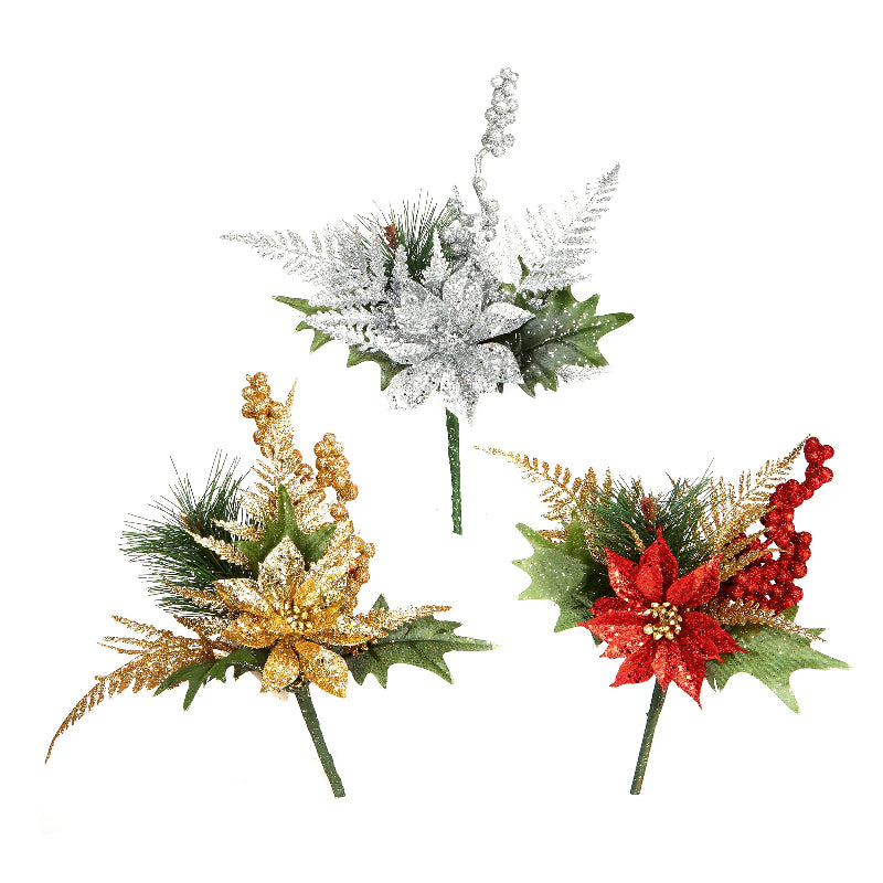 19cm Glitter Poinsettia Pick