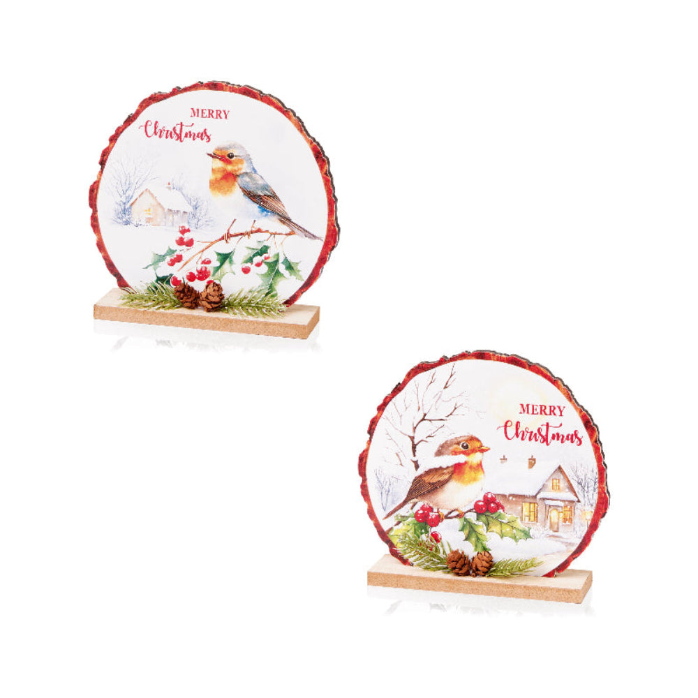 15cm Wooden Robin Christmas Scene