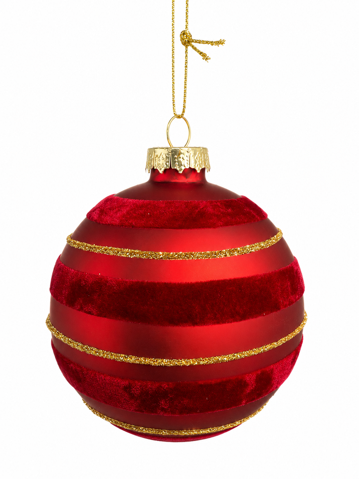8cm Glass Bauble With Gold Line & Red Velvet