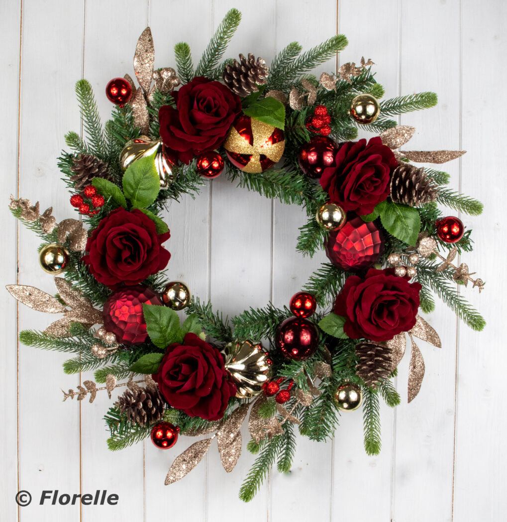 24inch xmas rose and gold bauble wreath