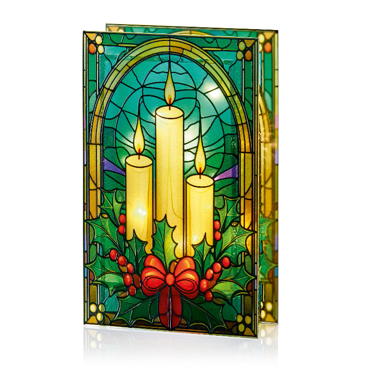 Battery Operated Lit Candles and Holly Stained Glass Ornament