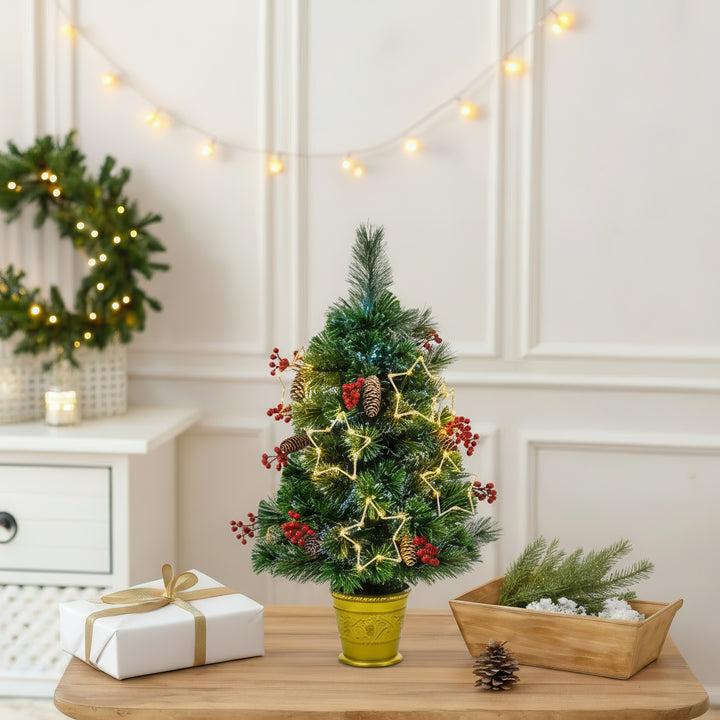 Mini Fibre Optic Christmas Tree - Snow Tipped LED With Berries & Pine Cones
