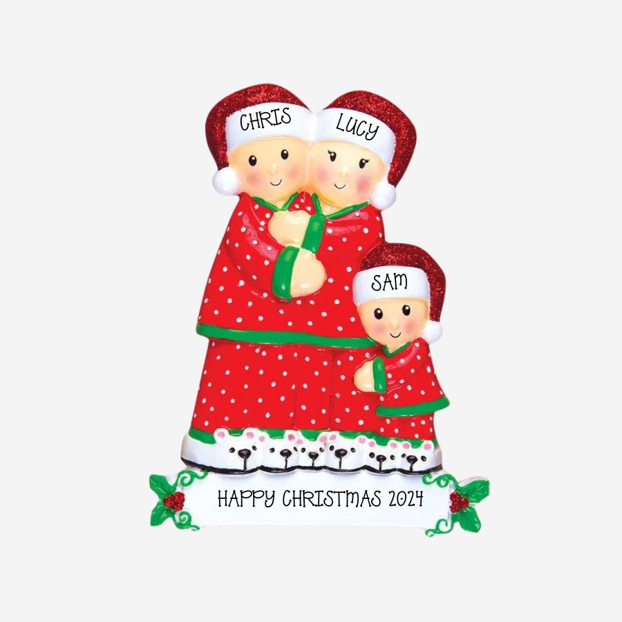 Pajama Family of 3 Personalised Christmas Decoration