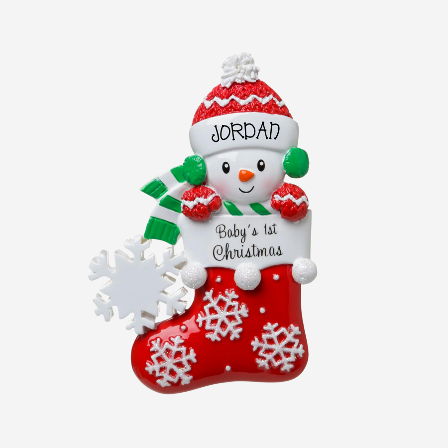 Snow Baby In Stocking (Green/Red) Personalised Christmas Decoration