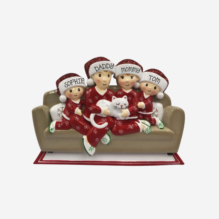 Family of 4 with Cat Personalised Christmas Decoration