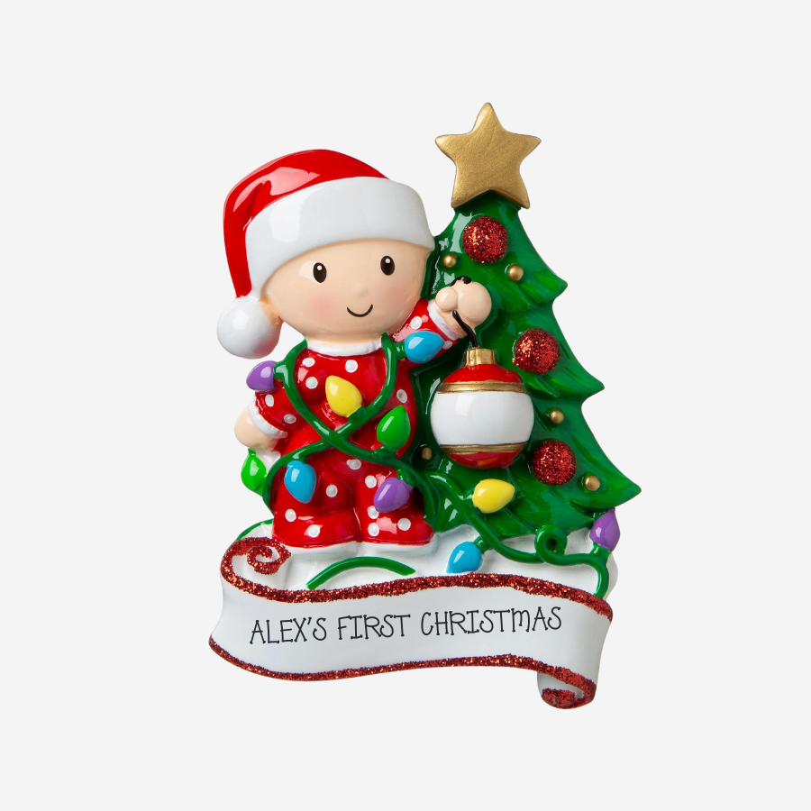 Baby Decorating A Tree (Red & Green) Personalised Christmas Decoration