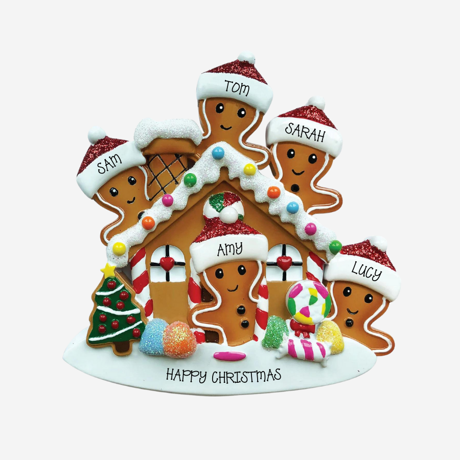 Gingerbread House Family of 5 Personalised Christmas Decoration