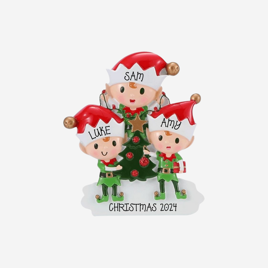 Elves Doing Things (Family of 3) Personalised Christmas Decoration