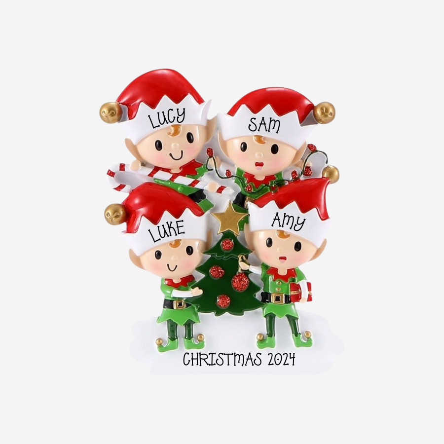 Elves Doing Things (Family of 4) Personalised Christmas Decoration