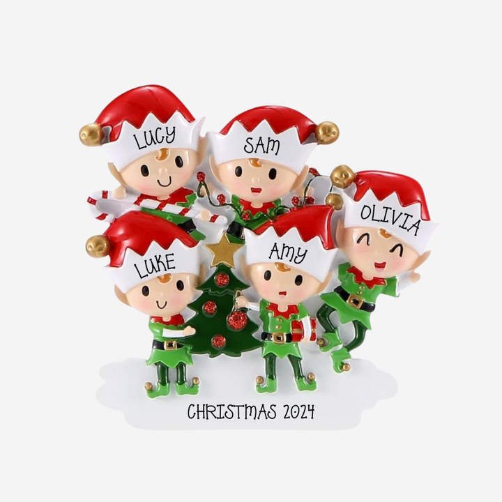 Elves Doing Things (Family of 5) Personalised Christmas Decoration