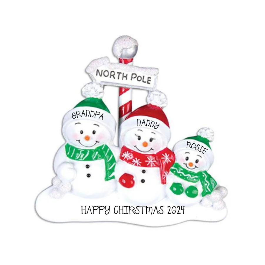 North Pole Family of 3 Personalised Christmas Decorations