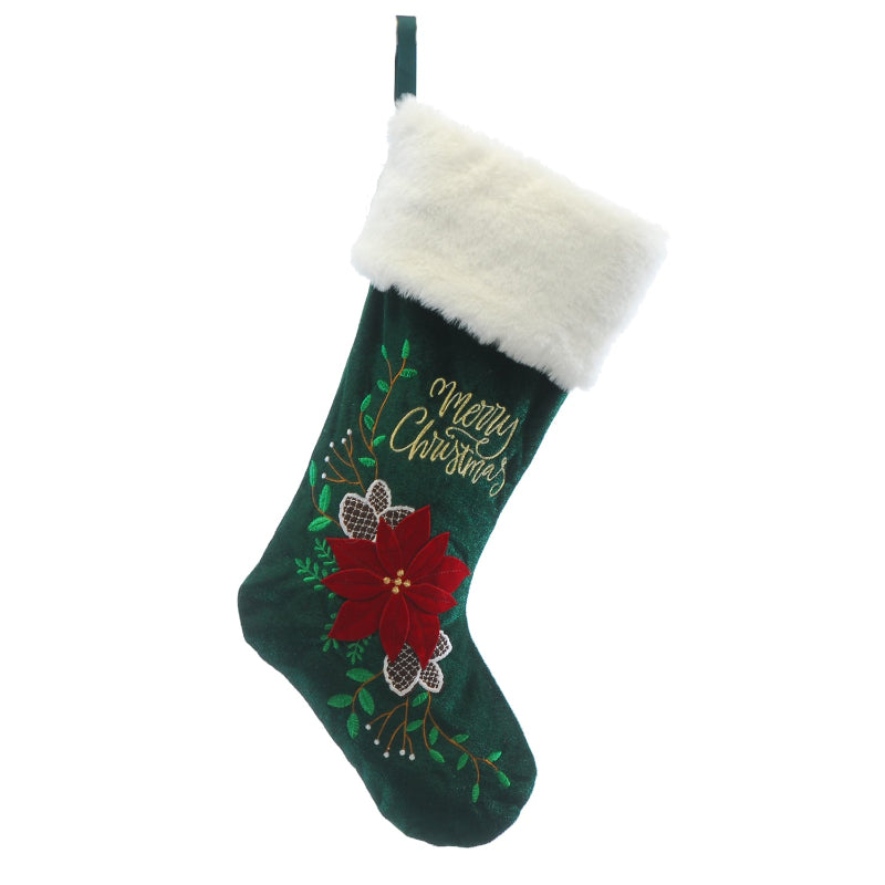 46cm Merry Christmas Stocking With Red Poinsettia