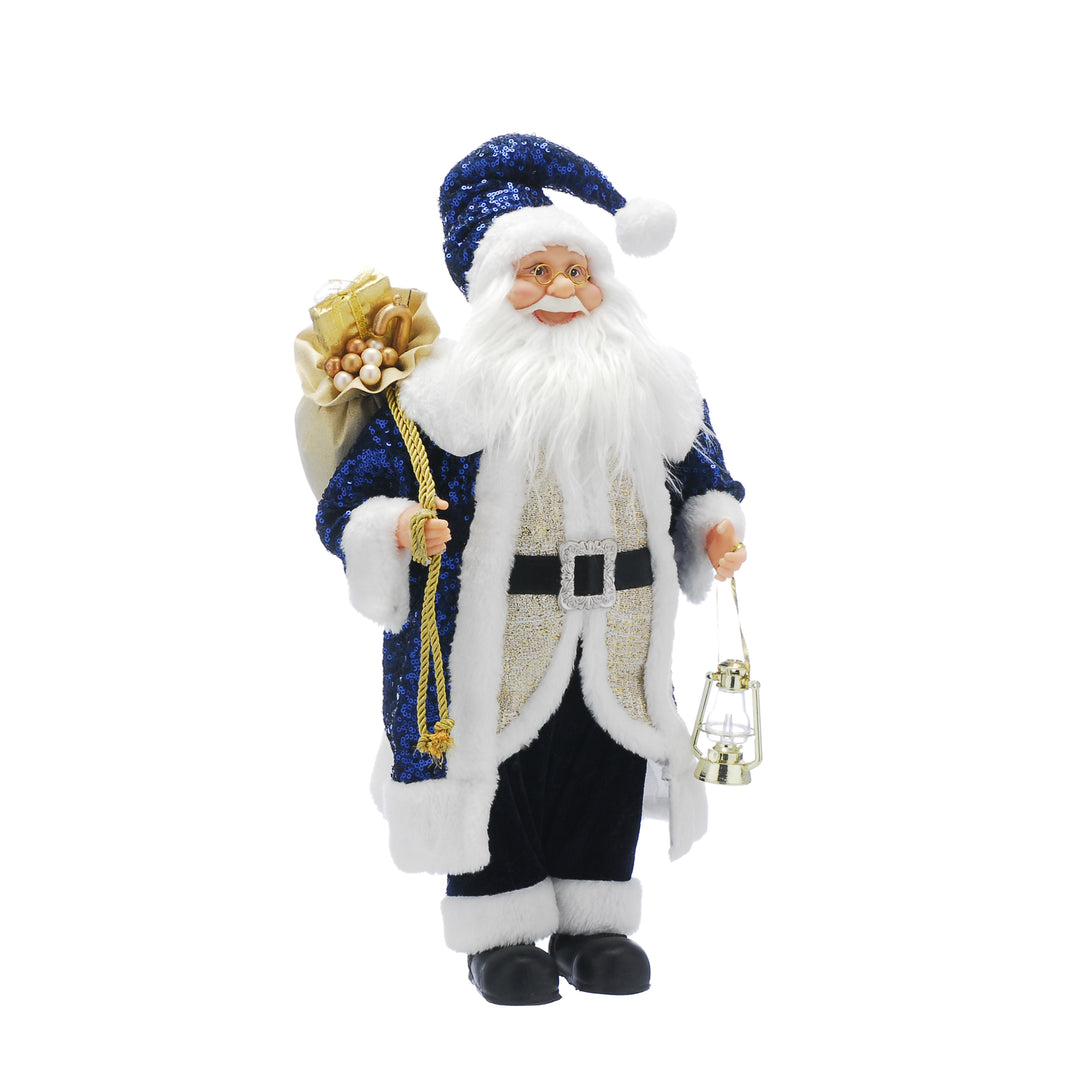 45cm Standing Santa With Gold Lantern Navy/ White