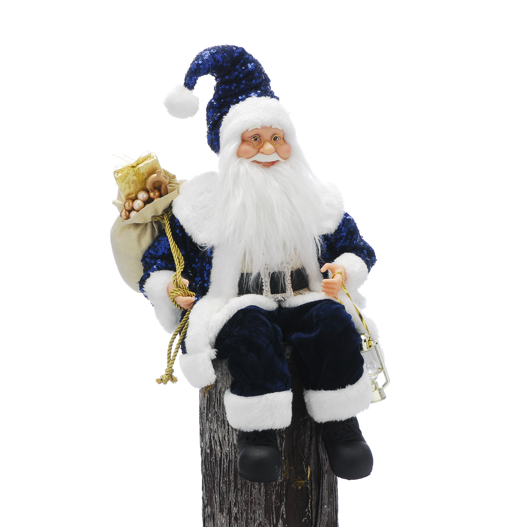 45cm Sitting Santa With Gold Lantern Navy/ White