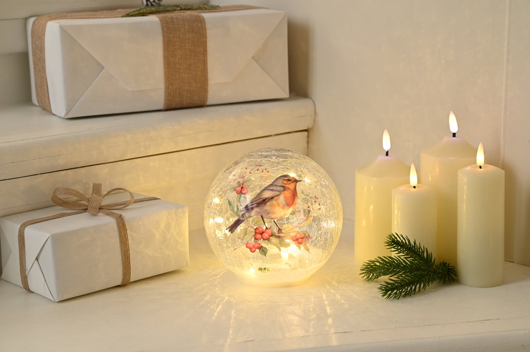 Festive Robin LED Lit Crackle Glass Ball-15cm