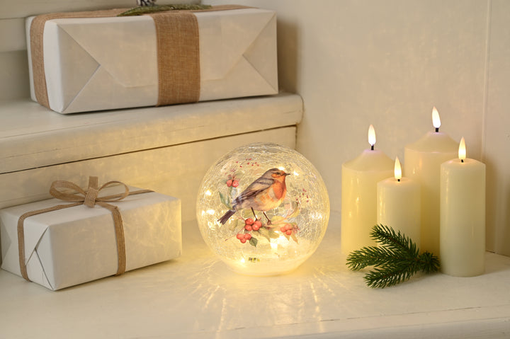 Festive Robin LED Lit Crackle Glass Ball-20cm