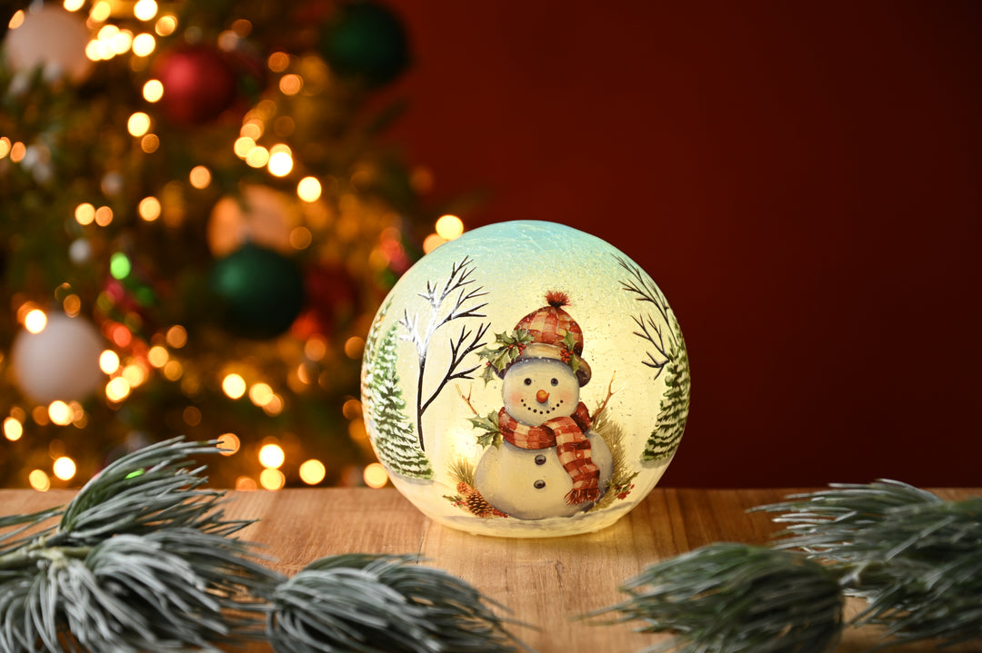 15cm Lit Holly Snowman Crackle Ball