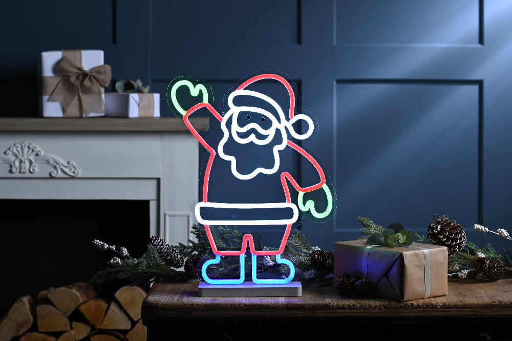 33cm x 42cm Neon Flex Waving Santa On Base