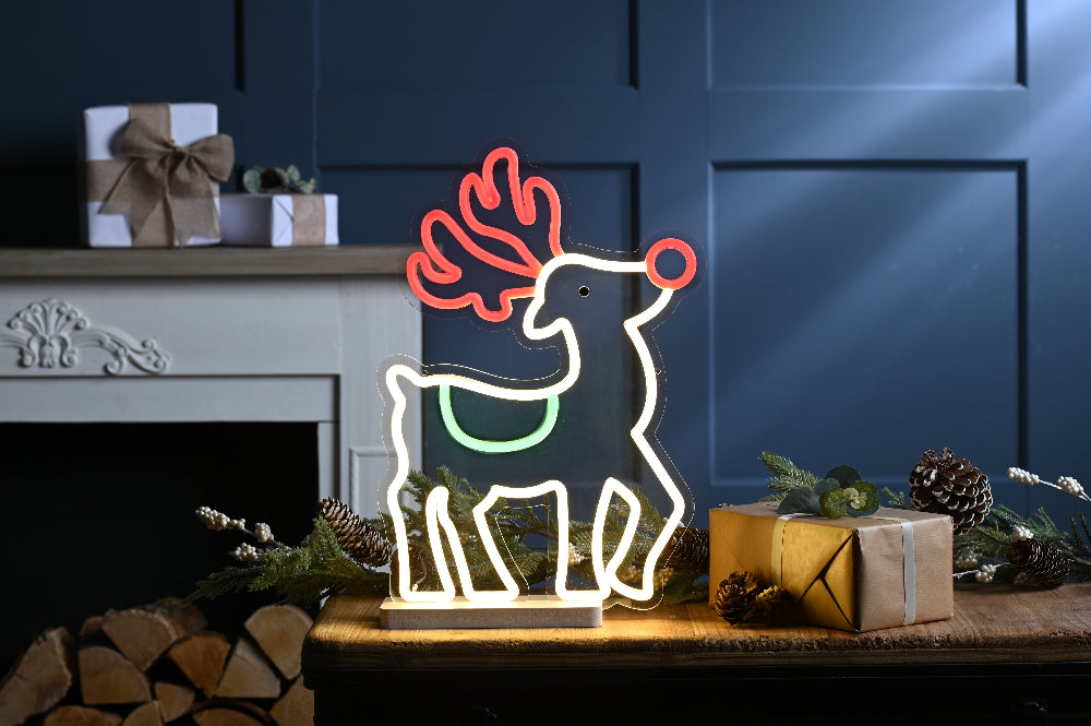 30cm x 43cm Neon Flex Red Nose Reindeer On Base