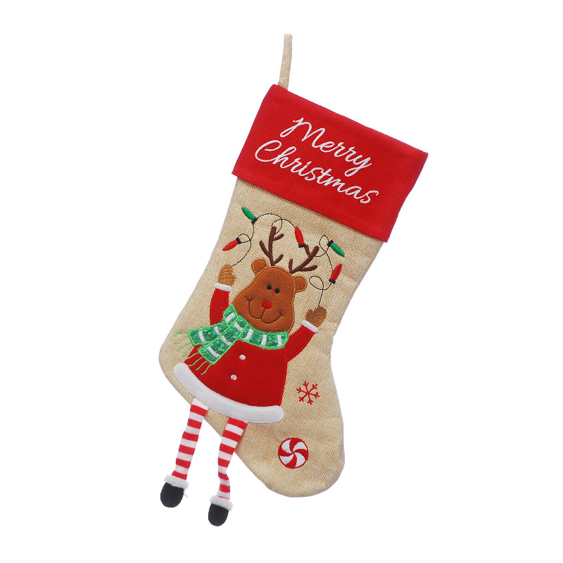 40cm Natural Linen Stocking - Reindeer With Dangly Legs