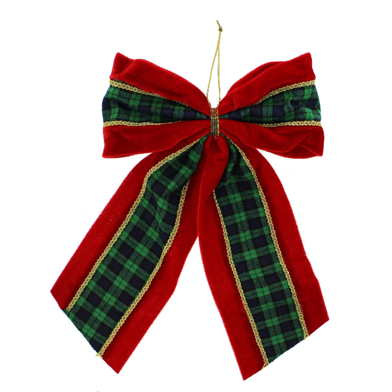 35cm Fabric Hanging Bow - Red Green & Gold