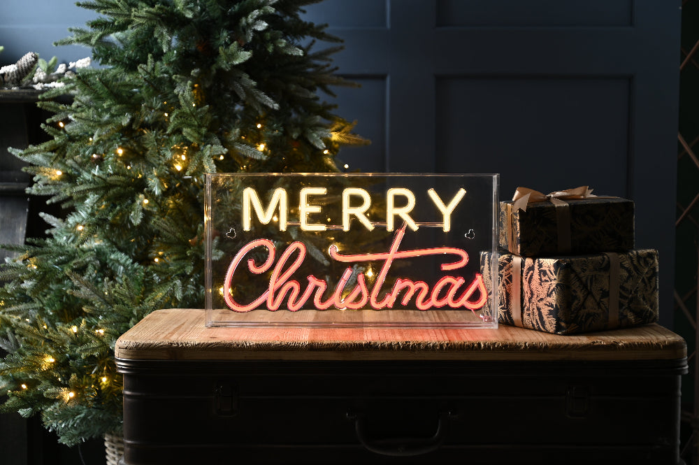 43cm Lit Neon Flex Merry Christmas Sign Red & Warm White