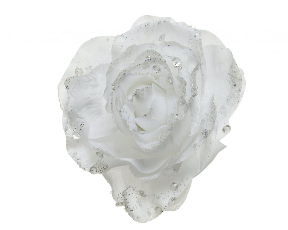 Rose on clip polyester glitters Winter White 14x8.5cm