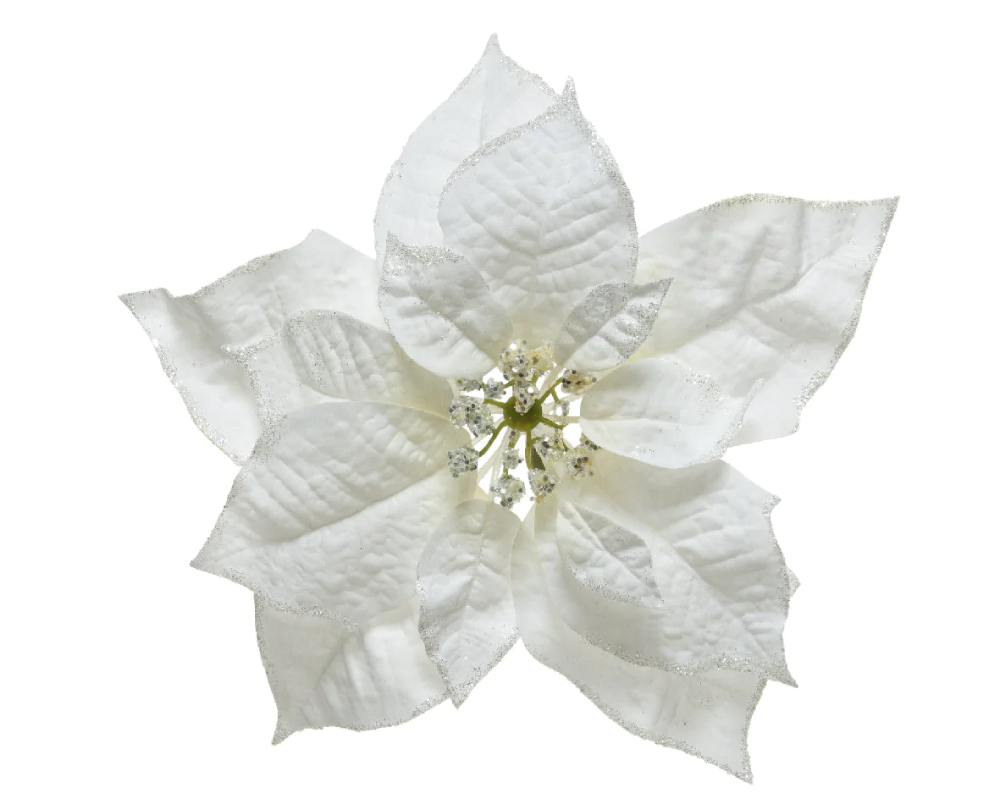 Silk Poinsettia Clip with Glitter Finish in White