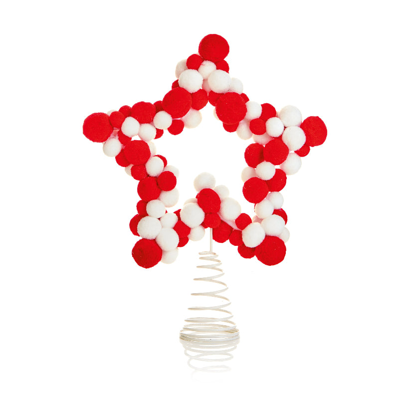 31cm Pom Pom Star Tree Topper - Red & White
