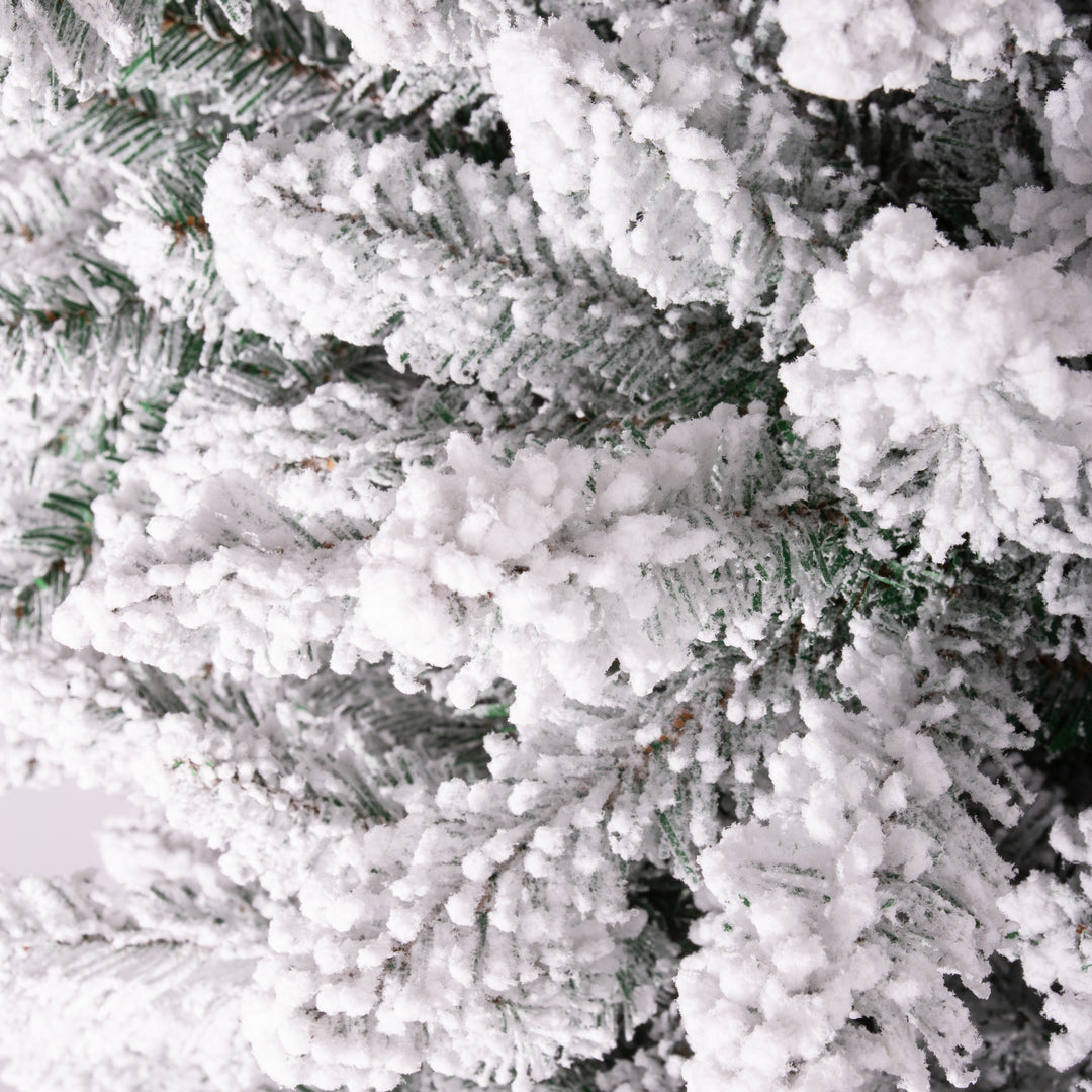 Close-up of a frosted Christmas tree branch with snow on it

