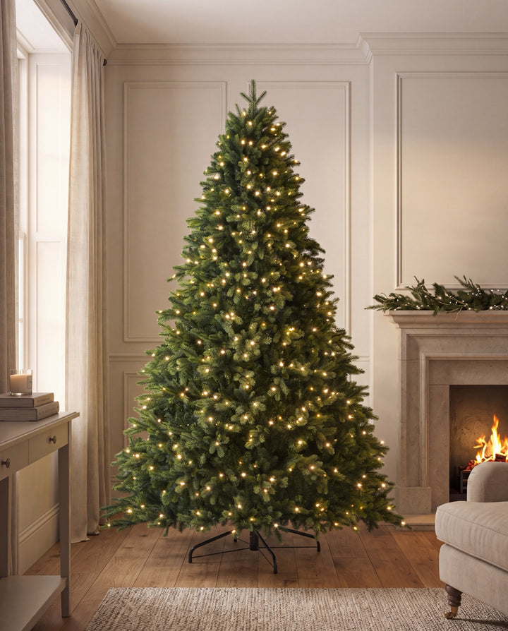 7.5ft Oakley Fir Pre Lit Christmas Tree - in a room, warm white lights