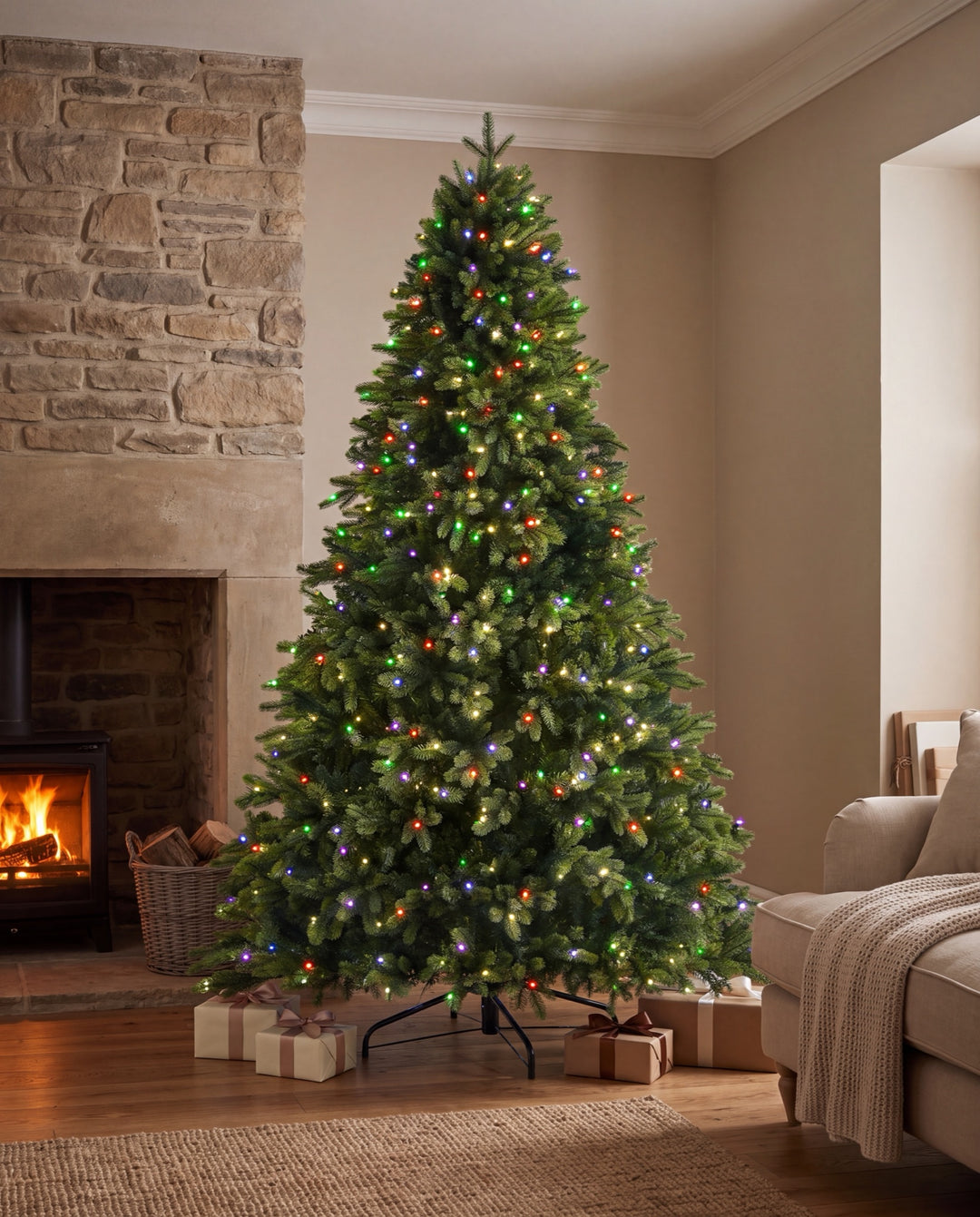 7.5ft Oakley Fir Pre Lit Christmas Tree - in a room, multi colour lights