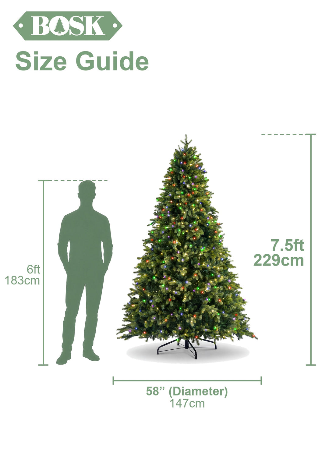 7.5ft Oakley Fir Pre Lit Christmas Tree - size guide