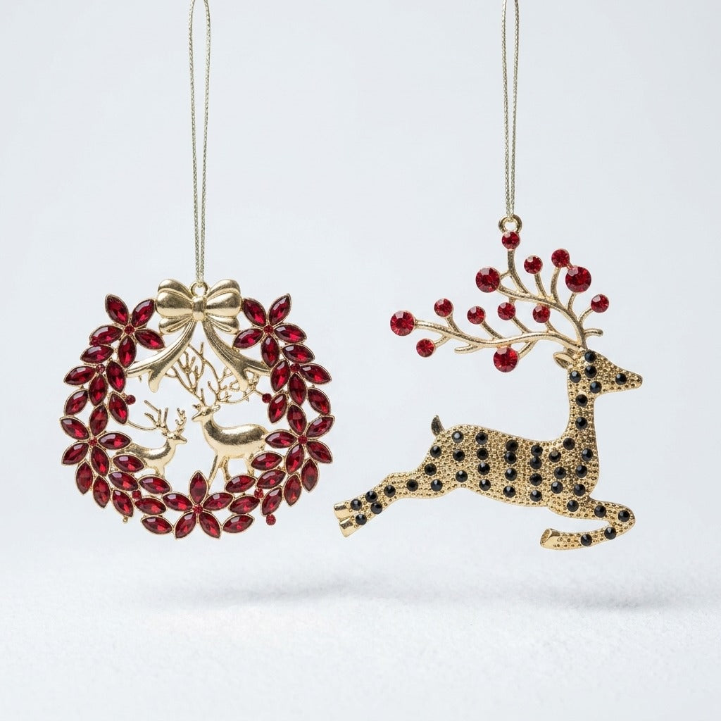 9cm Gold Reindeer With Red Beads