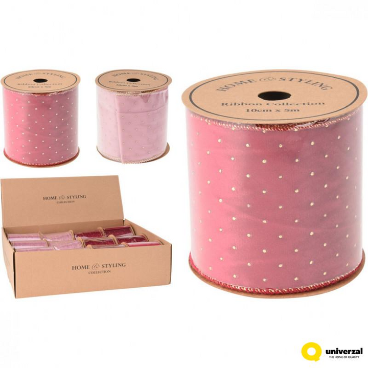 5m Velvet Ribbon W/ Gold Dots - Pink