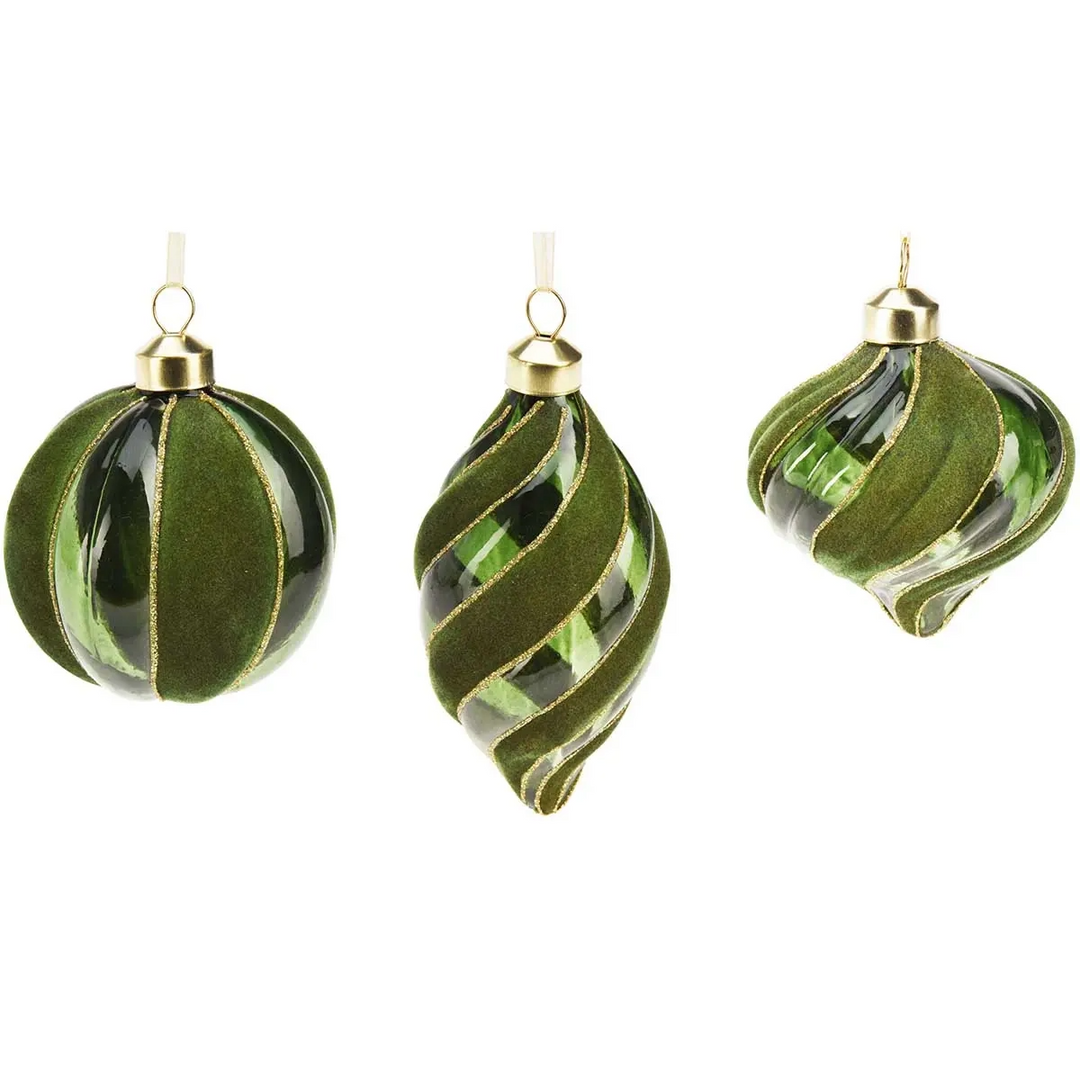 8cm Glass Bauble Green W/ Velvet