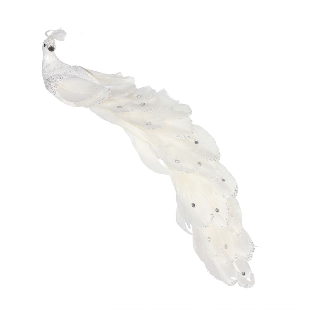 36cm White Glitter & Gems Peacock W/ Clip