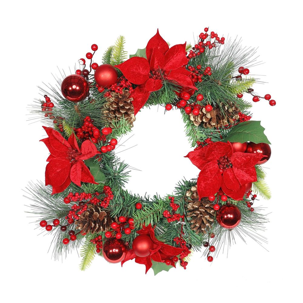 19" Poinsettia & Bauble Wreath Red 