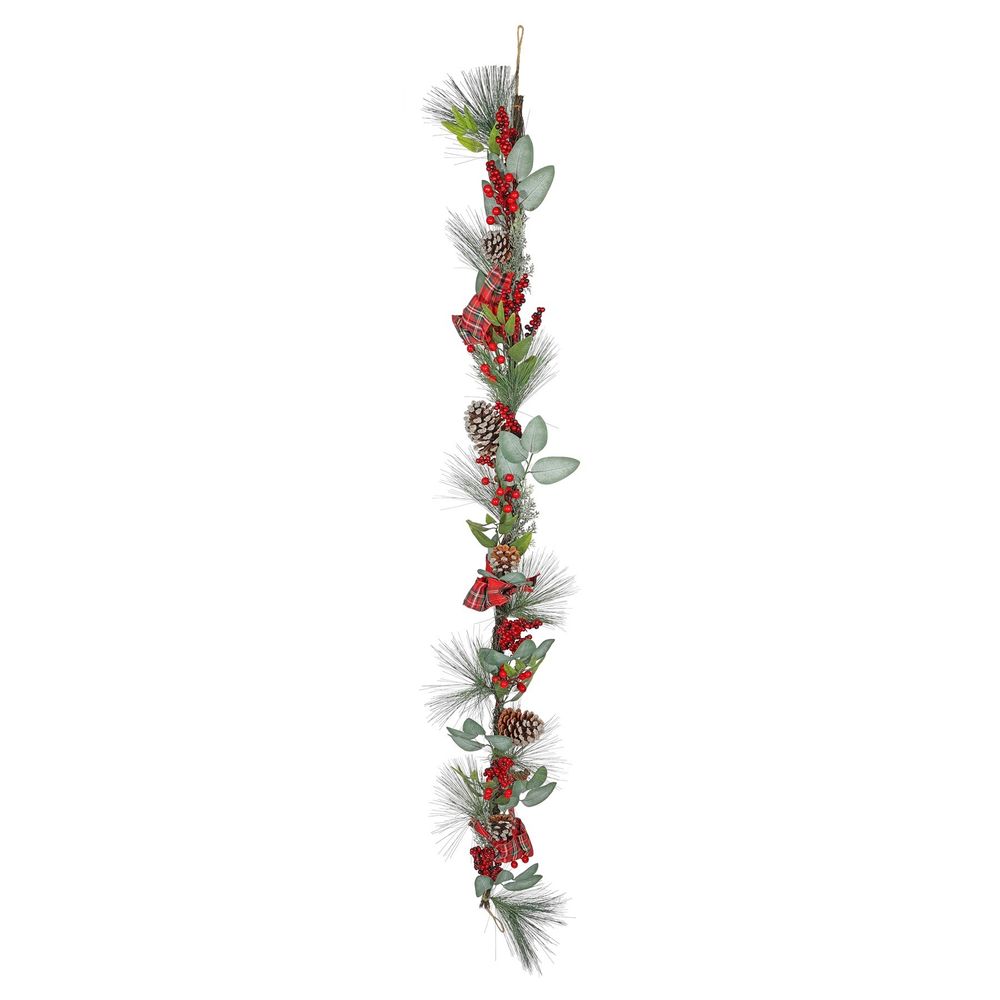 6ft Luxury Rattan Garland Frosted Cones Tartan Bows