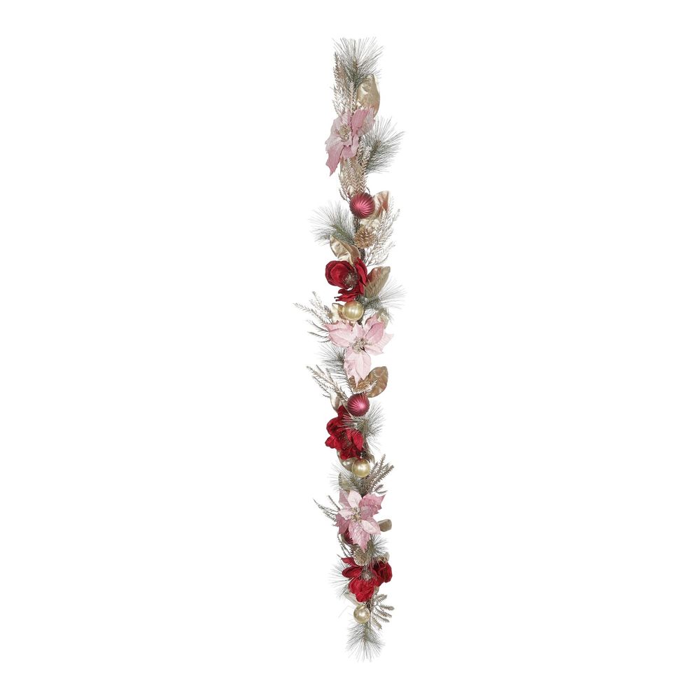 6ft Magnolia & Poinsettia Rattan Garland Pink/Burgundy